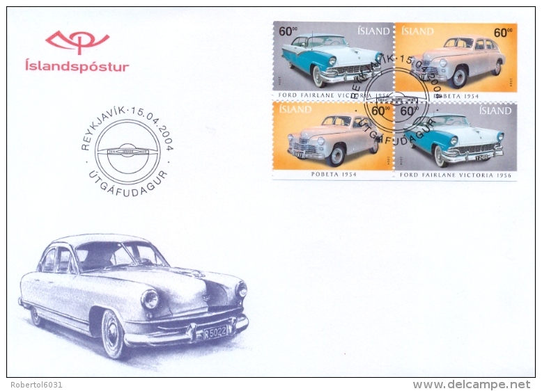 Iceland 2004 FDC Stamps From Booklet 60 K. Cars Ford Fairlane Victoria And Pobeta - Autos