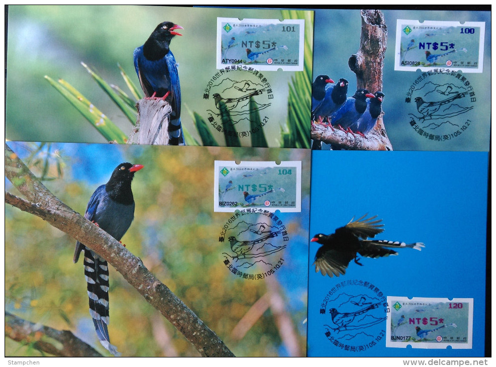 Set Maxi Cards(C) 4 Colors Imprint ATM Frama -PHILATAIPEI 2016 World Stamp Exhi. NT$5-Taiwan Blue Magpie Bird Unusual - Machine Labels [ATM]