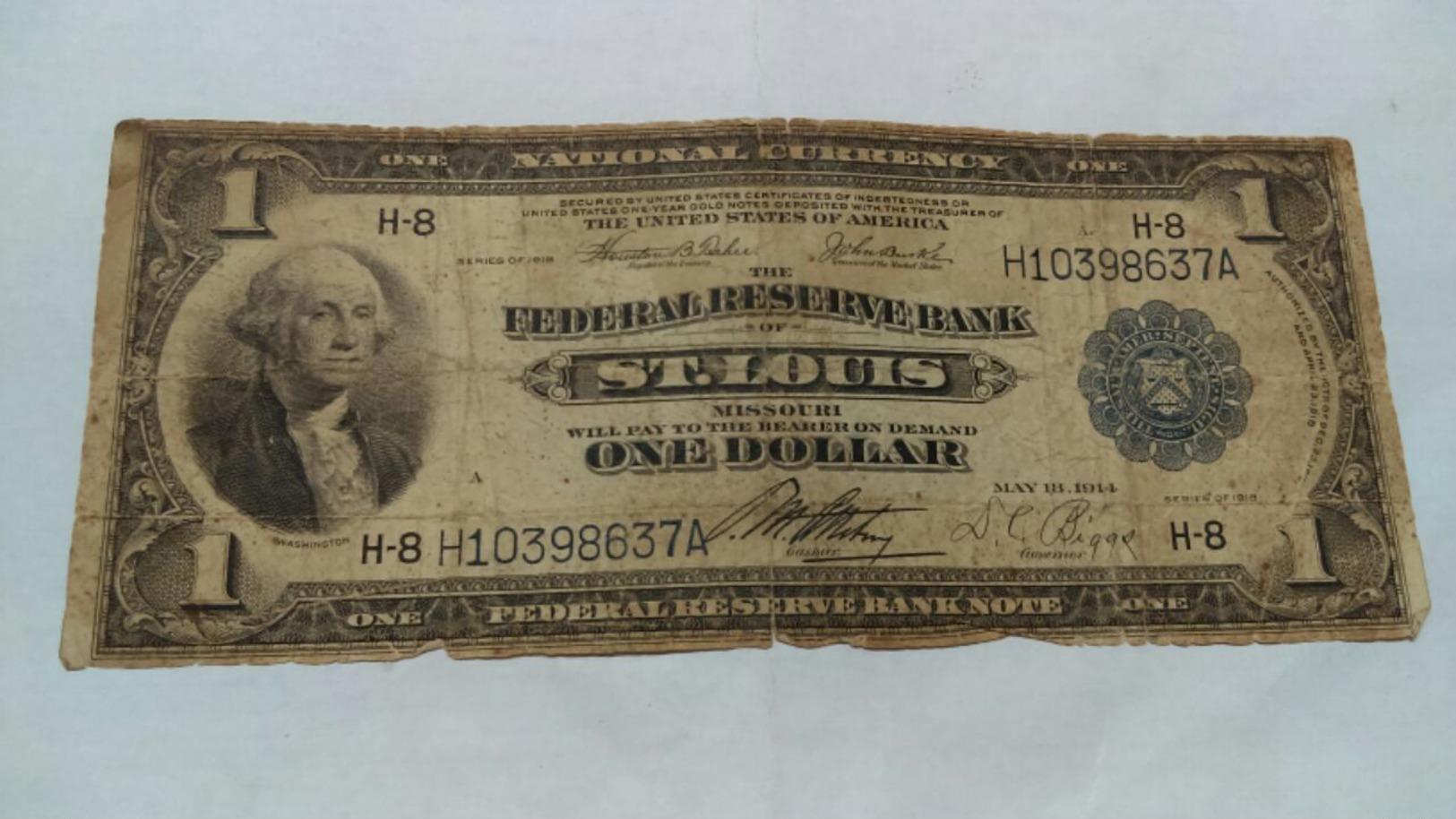 1914 1918 $1 NATIONAL CURRENCY ST. LOUIS FEDERAL RESERVE BANKNOTE - National Currency (1915-1918)
