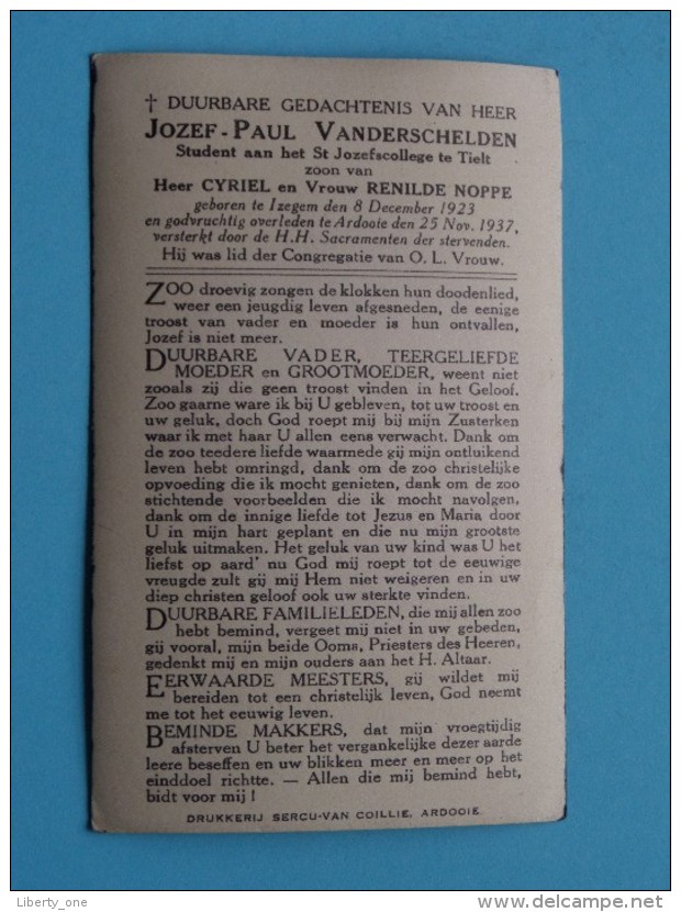 DP Jozef-Paul VANDERSCHELDEN ( Zoon Van NOPPE ) Izegem 8 Dec 1923 - Ardooie 25 Nov 1937 ( Zie Foto´s ) ! - Religion & Esotérisme