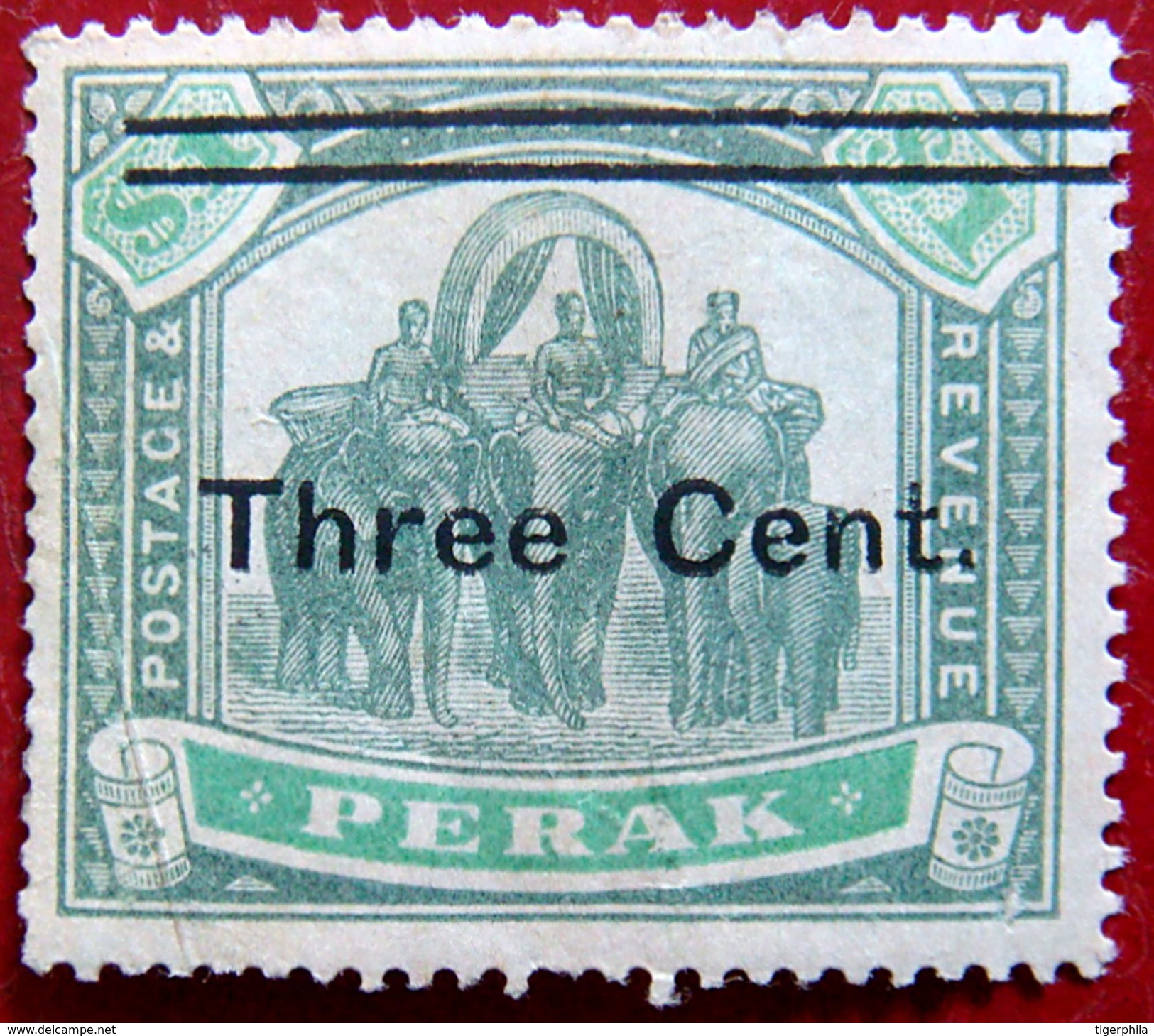 PERAK 1900 3c Ovpt.on $1 Elephants Mint No Gum Scott67 CV$70 Watermark: Crown & CC - Perak