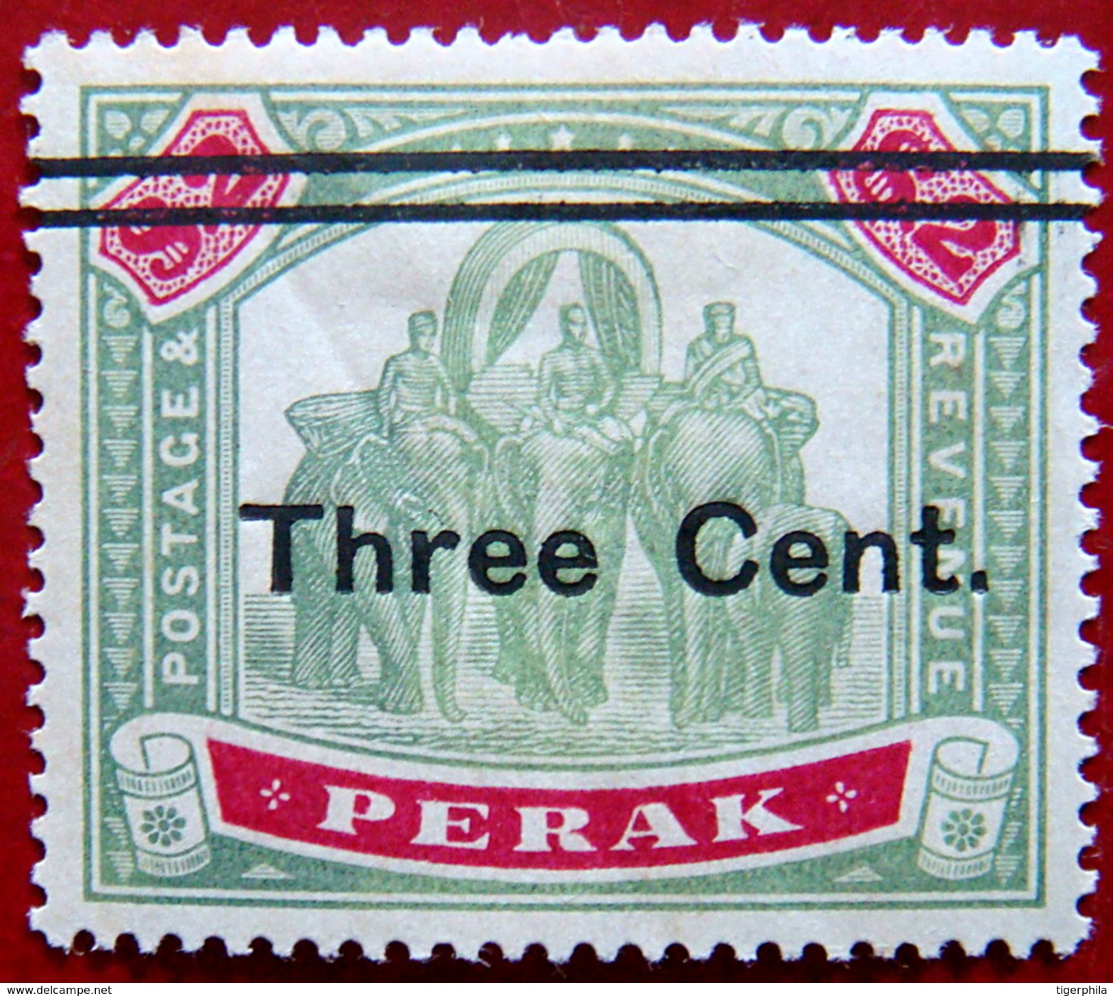 PERAK 1900 3c Ovpt.on $2 Elephants Mint No Gum Scott68 CV$45 Watermark: Crown & CC - Perak