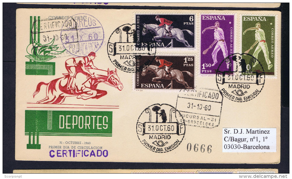 Sp4304 SPAIN Cover Sports Deportes "pelota Jumping" Horses Race Dressage Fdc 1960 Barcelona - Jumping