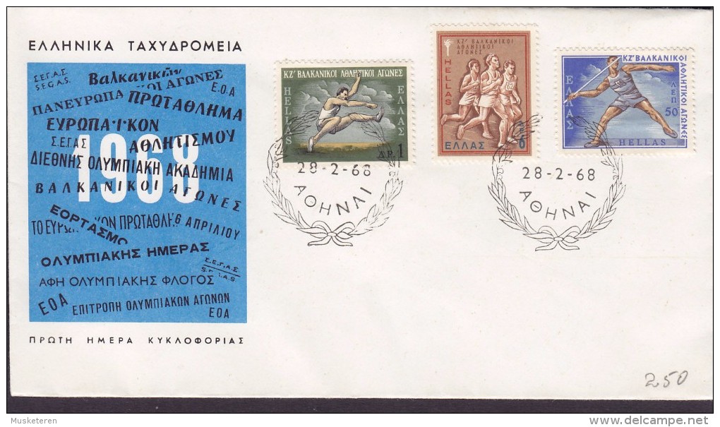 Greece FDC Cover 1968  Sport Speerwerfer Weitspringer Langstreckenläufer - FDC