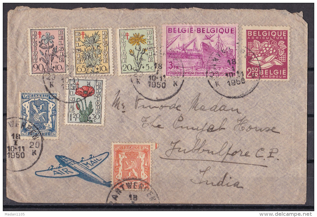 BELGIUM, 1950, Airmail Cover From Antwerpen Belgium To India With 8 Stamps On Cover Including Yvert 814/817 - Briefe U. Dokumente