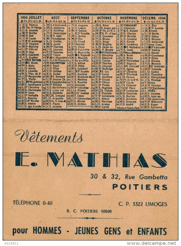 CALENDRIER  1950 VETEMENTS E MATHIAS  POITIERS - Petit Format : 1941-60