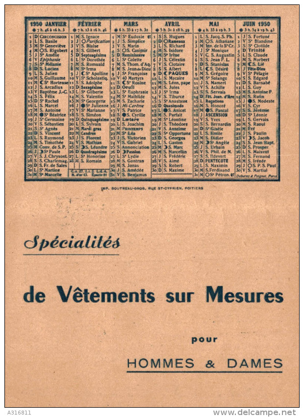 CALENDRIER  1950 VETEMENTS E MATHIAS  POITIERS - Petit Format : 1941-60