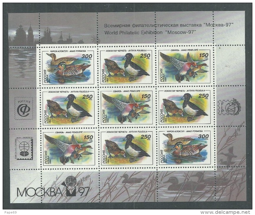 Russie N°  6078 / 80a F XX : Faune : Canards,  La Feuille Surchargée Pour L'expo "Moscou '97"  Sans Charnière, TB - Feuilles Complètes