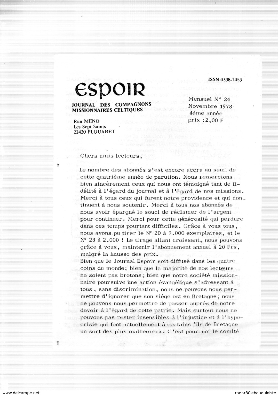 ESPOIR,journal Des Compagnons Missionnaires Celtiques.Mensuel N°24-novembre 1978. - Spiritualisme