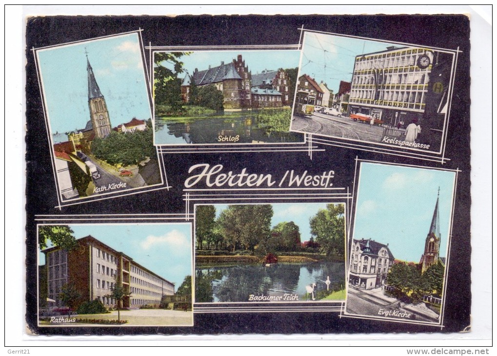 4352 HERTEN, Ev. Kirche, Backumer Teich, Rathaus, Kreissparkasse, Schloß & Kath. Kirche, 1966 - Herten