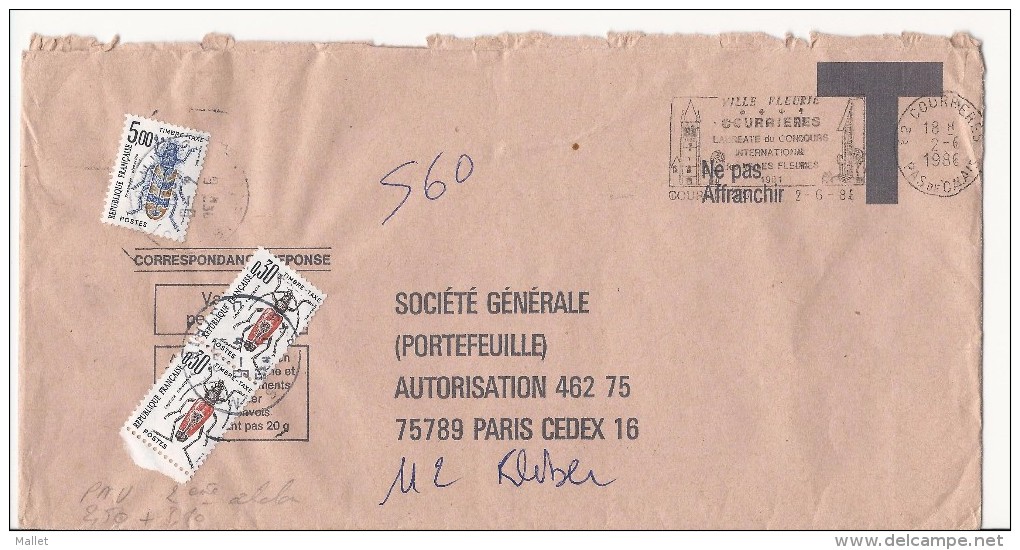 Lettre De 1986 - Courrières Pour Société Générale Paris - Enveloppe T Taxée à 5,60 Frs (dépasse 20 Gr) - 1960-.... Covers & Documents