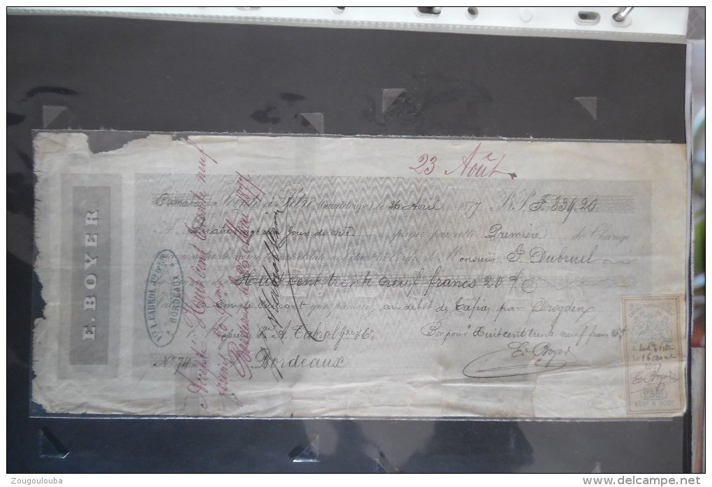 Effet De Commerce 1877 Pointe à Pitre Guadeloupe Bordeaux - Cheques & Traveler's Cheques