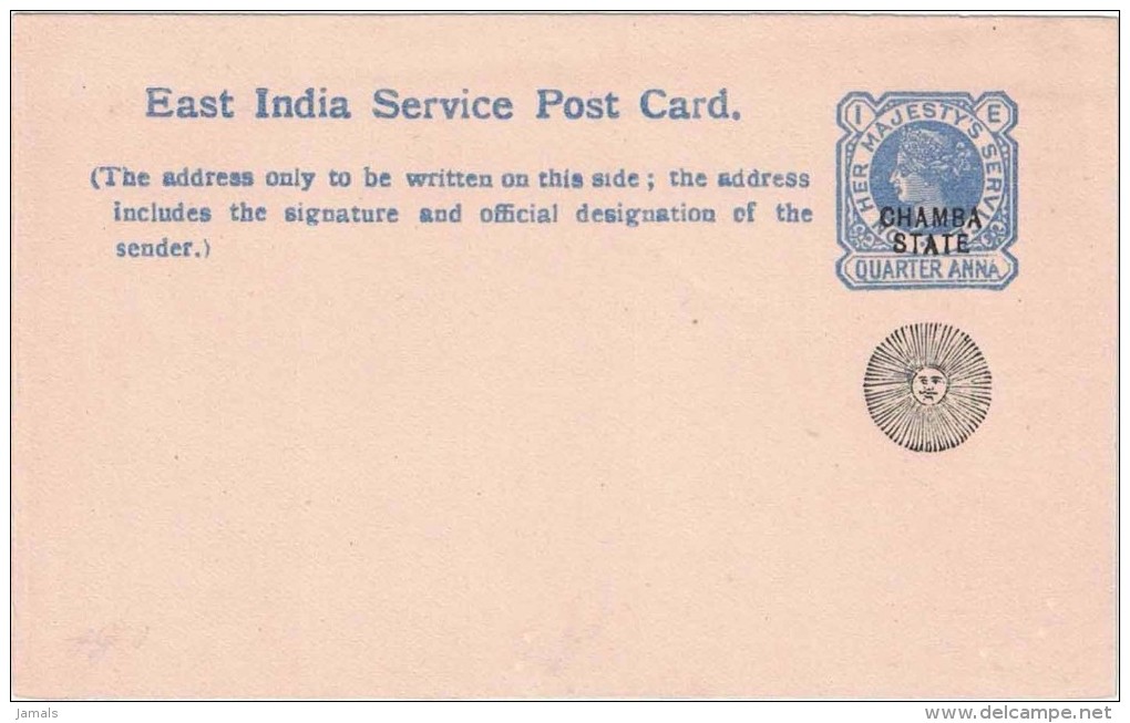 Br India Queen Victoria, Service Postal Card, Princely State Chamba Overprint, Sun, Astronomy, Mint, Inde Indien - Chamba