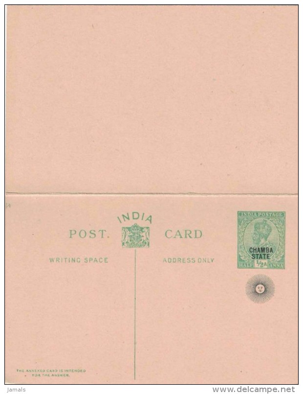Br India King George V, Reply Postal Card, Princely State Chamba Overprint, Sun, Astronomy, Mint, Inde Indien - Chamba