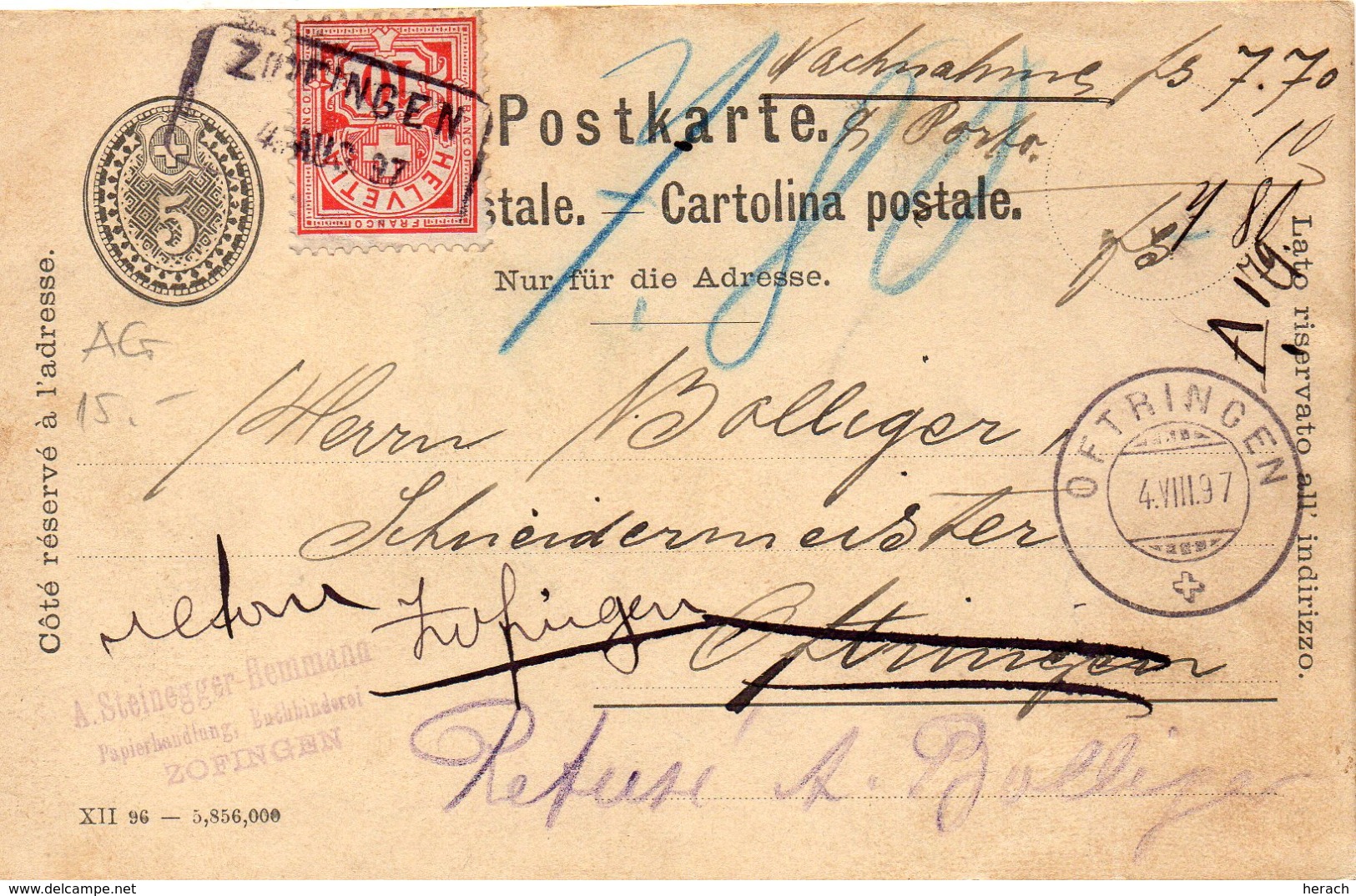 Suisse Cachet Rectangulaire Zofingen Sur Entier Postal 1897 - Ganzsachen