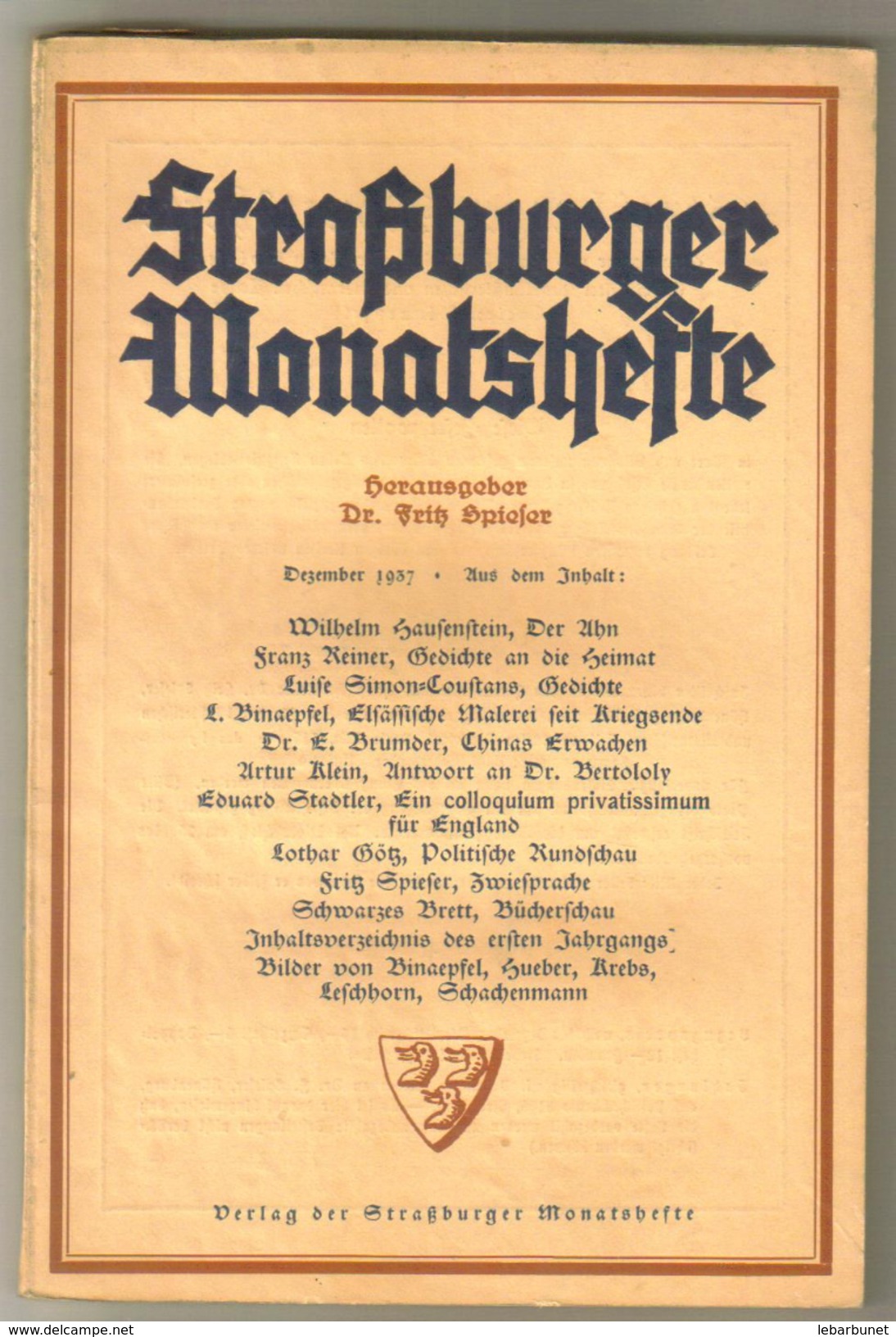 Revue Ancienne 1937 Strasburger Monatsheste Décembre  1937 - Autres & Non Classés