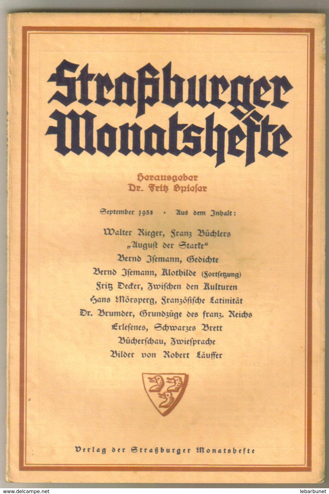 Revue Ancienne 1938 Strasburger Monatsheste  Aout 1938 - Otros & Sin Clasificación