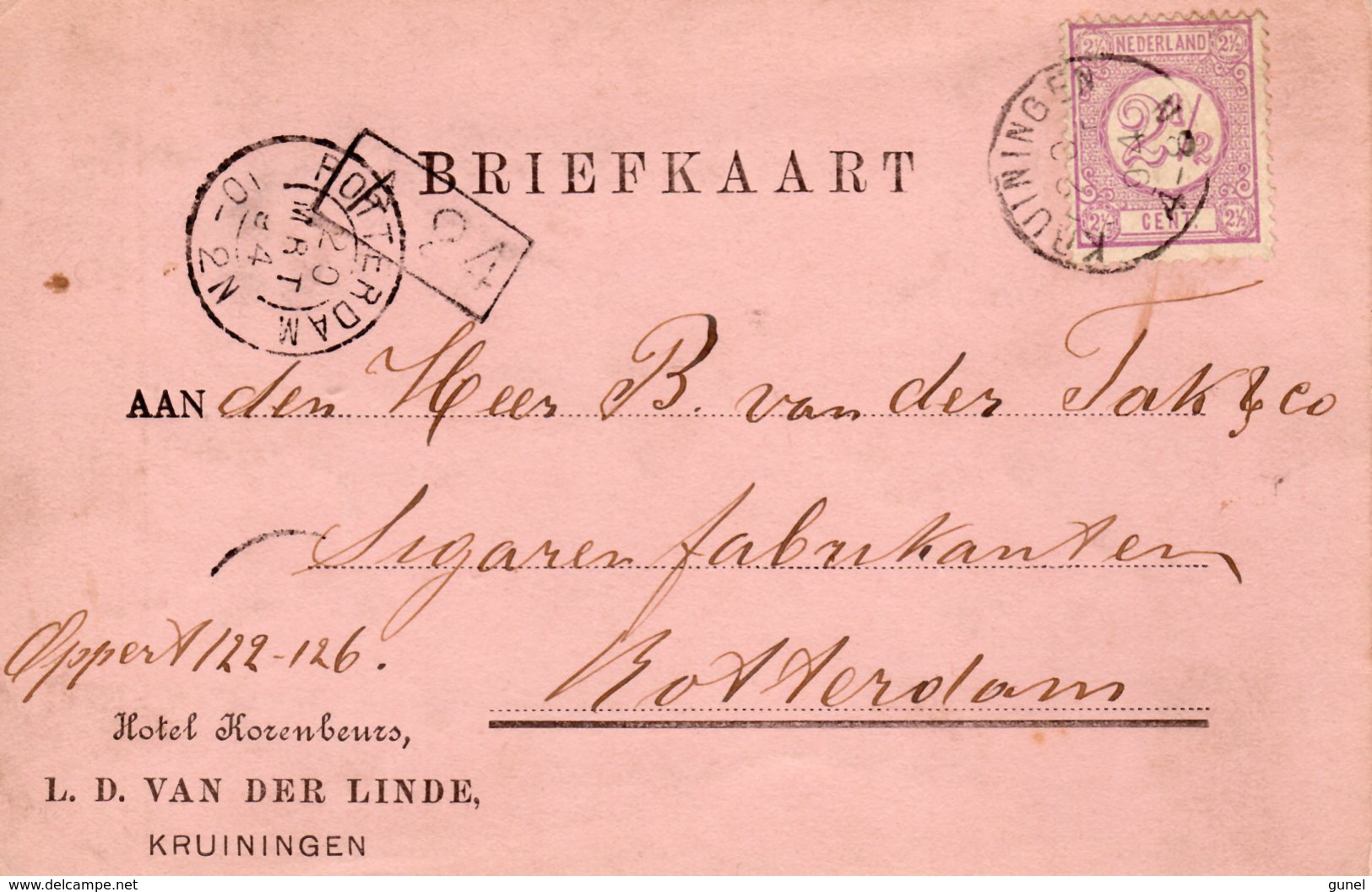 20 MRT  1894  Firmakaart ( Hotel KORENBEURS) Van KRUININGEN (kleinrond) Naar Rotterdam - Brieven En Documenten