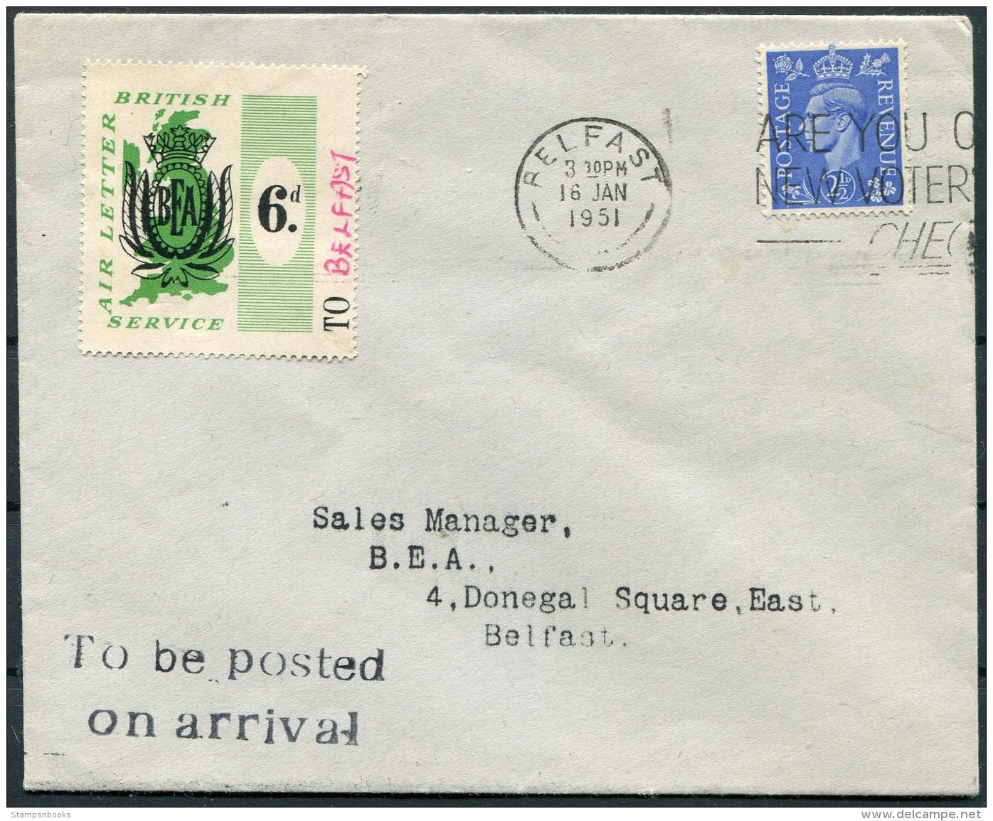 1951 GB Belfast BEA, British Air Letter Service Flight Cover - Covers & Documents