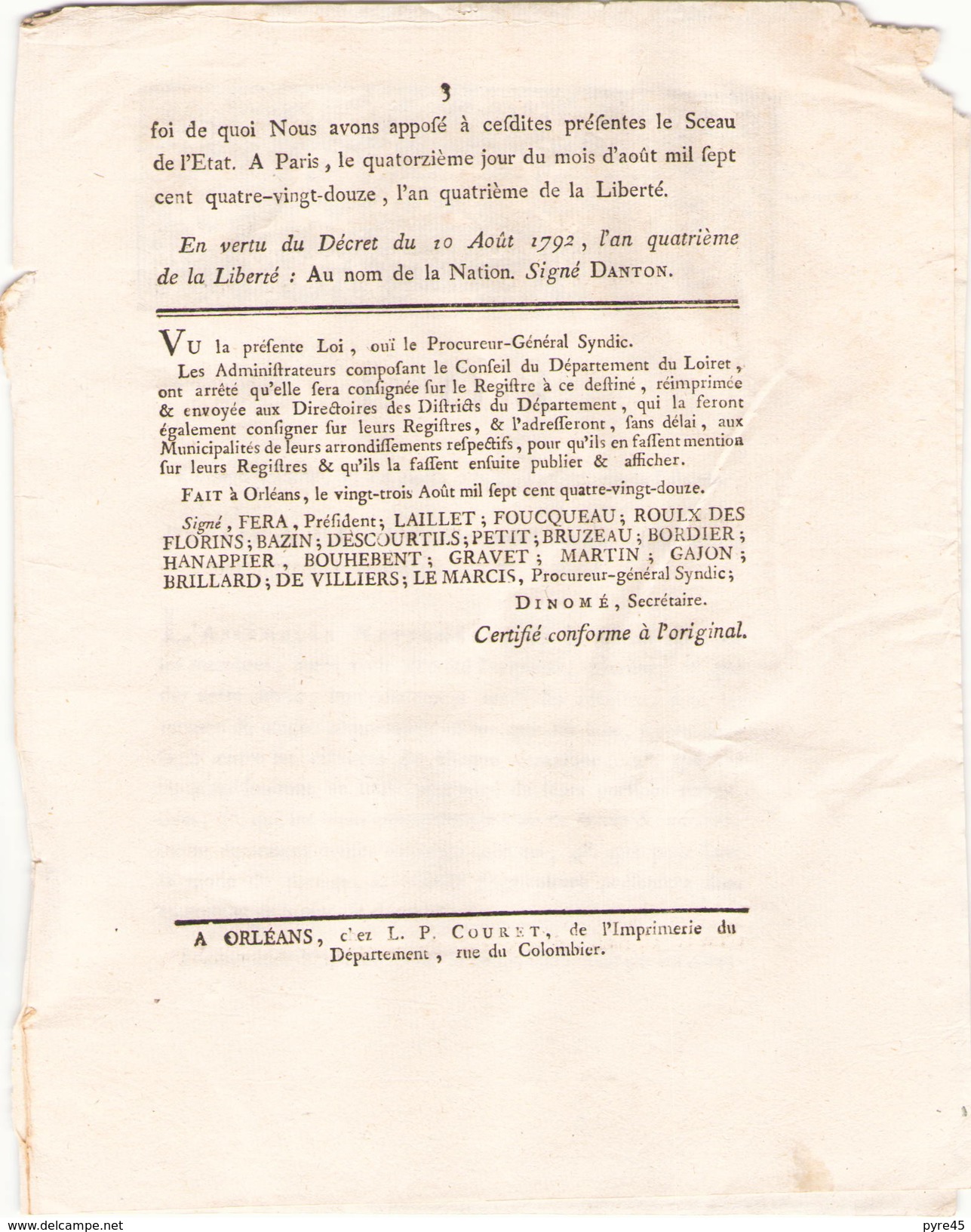 LOI DU 14 AOUT 1792 N° 2068 - Décrets & Lois