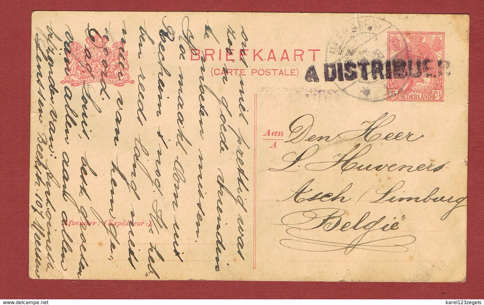 Nederlandse Postkaart 21/4/19 Naar Asch Met Stempel A DISTRIBUER - Briefe U. Dokumente