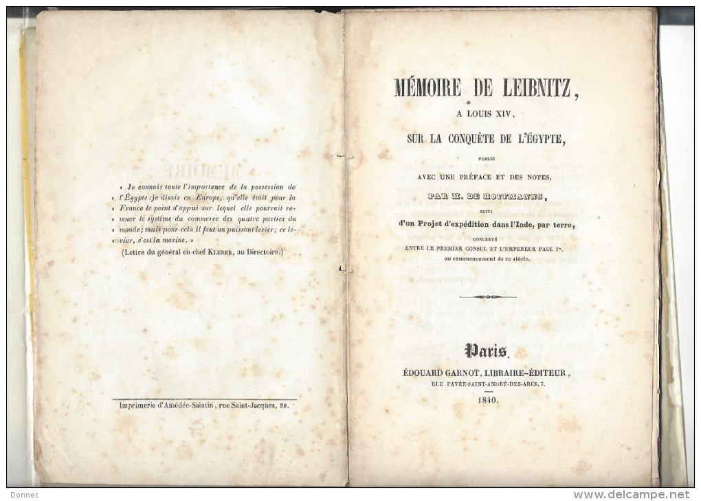 MEMOIRE De LEIBNITZ, à Louis XIV, Sur La Conquête De L'Egypte ... Préface ... Notes De Hoffmanss .. Paris Garnot 1840 - Autres & Non Classés