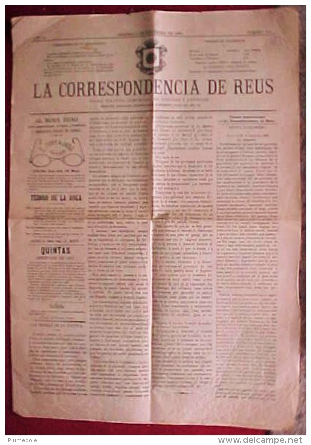 Rare JOURNAL ESPAGNOL LA CORRESPONDENCIA DE REUS , Domingo 4 De Noviembre 1888  DIARO POLITICO Prix Fixe - [1] Jusqu' à 1980