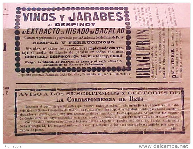 Rare JOURNAL ESPAGNOL LA CORRESPONDENCIA DE REUS , Domingo 4 de Noviembre 1888  DIARO POLITICO prix fixe