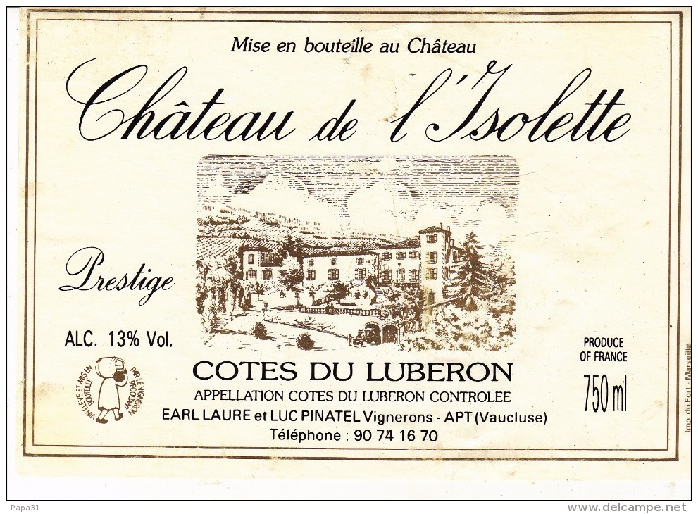 Étiquette   -  COTES DU LIBERON - Château De L'Isolette - Other & Unclassified