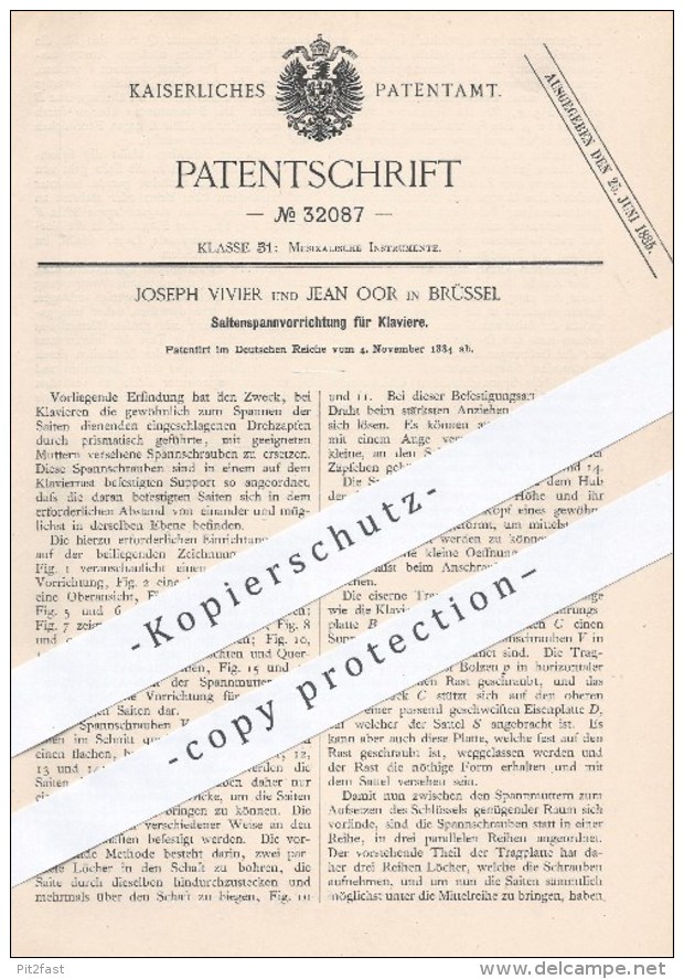 Original Patent - Jos. Vivier , Jean Oor , Brüssel 1884 , Saitenspannvorrichtung Für Klaviere | Klavier , Piano , Musik - Historische Dokumente