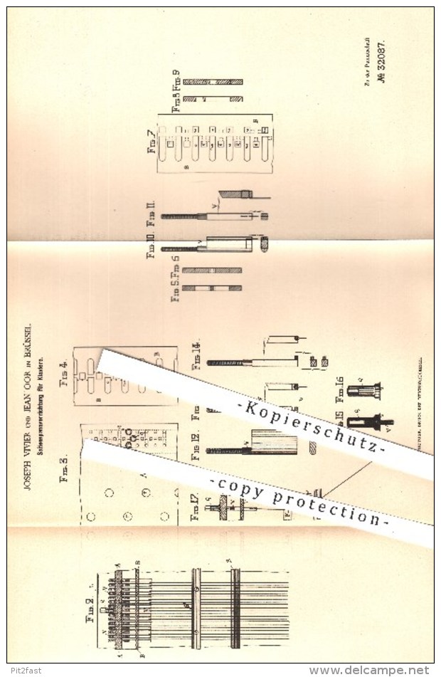 Original Patent - Jos. Vivier , Jean Oor , Brüssel 1884 , Saitenspannvorrichtung Für Klaviere | Klavier , Piano , Musik - Historische Dokumente