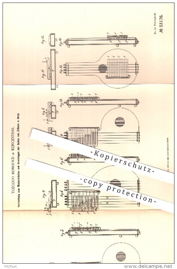 Original Patent - T. Meinhold , Klingenthal , 1884 , Niederdrücken U. Anschlagen Der Saiten Von Zittern | Zitter , Musik - Documenti Storici