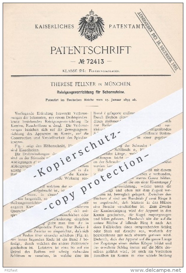 Original Patent - Therese Fellner In München , 1893 , Reinigung Der Schornsteine | Schornstein , Feuerung , Ofen , Öfen - Historische Documenten