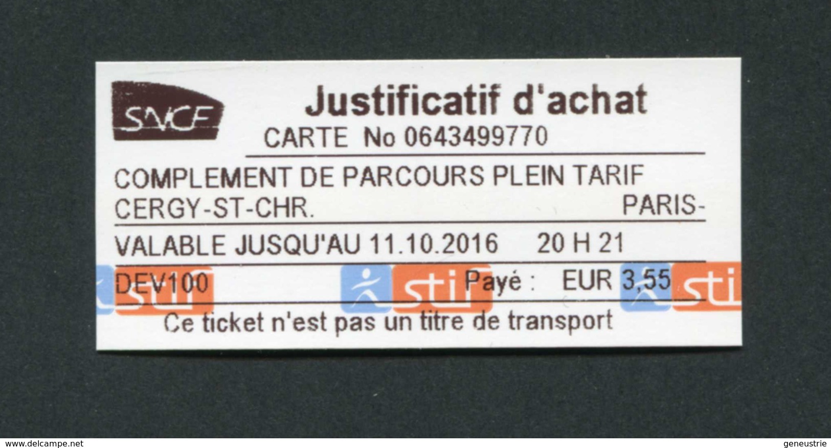 Ticket De Train SNCF "Complément De Parcours - Cergy - St Christophe - Pontoise" - Transportation Railway Ticket - Europe