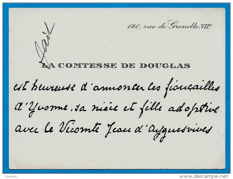 Carte De Visite Faire-Part Noblesse LA COMTESSE DE DOUGLAS 75007 PARIS Fiançailles Yvonne & Vicomte D'Ayguesvives - Engagement