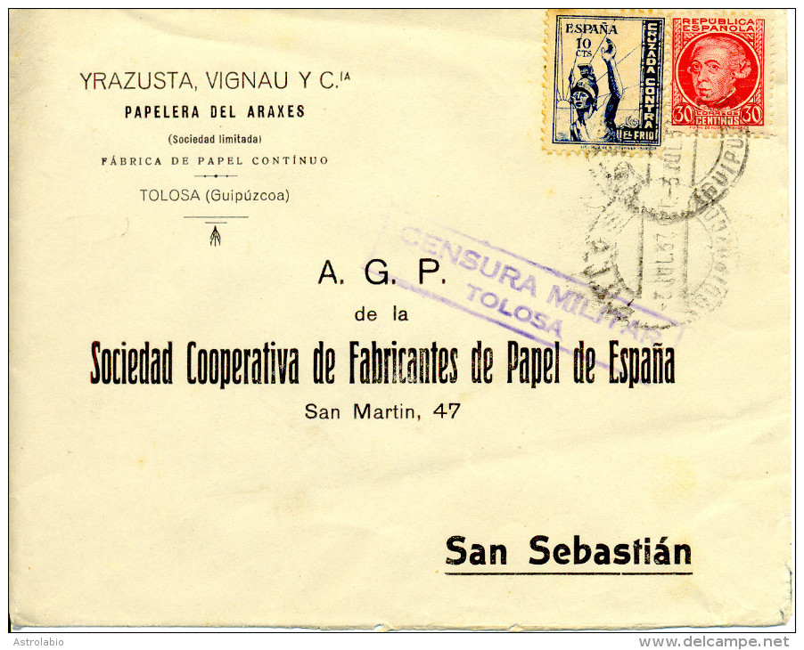 1937 " Carta De Tolosa A San Sebastian " Sello Cruzada Contra El Frio. Censura. - Nationalists Censor Marks