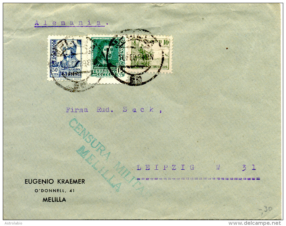 1939 " Carta De Melilla A Alemania " Censura (verde) - Marcas De Censura Nacional