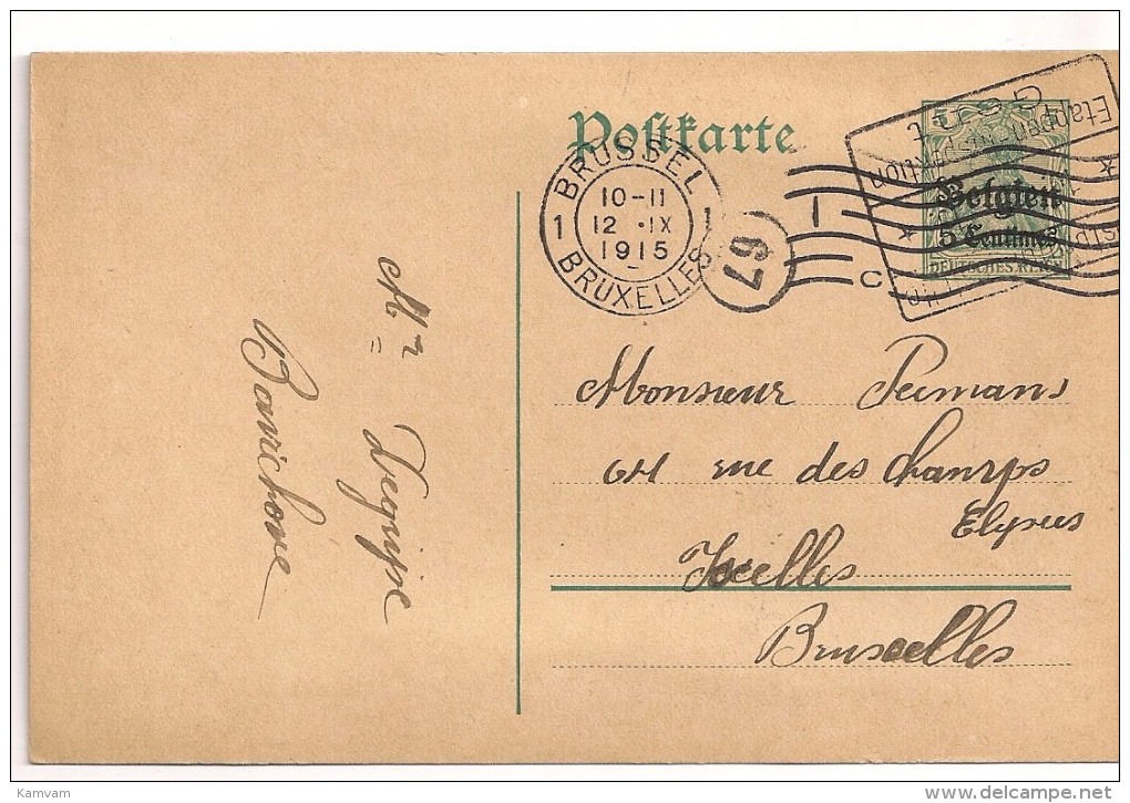 POSTKARTE Landespost Belgien 1915 PostUberprüfungsstelle - Etappen-Inspektion GENT - OC38/54 Occupation Belge En Allemagne