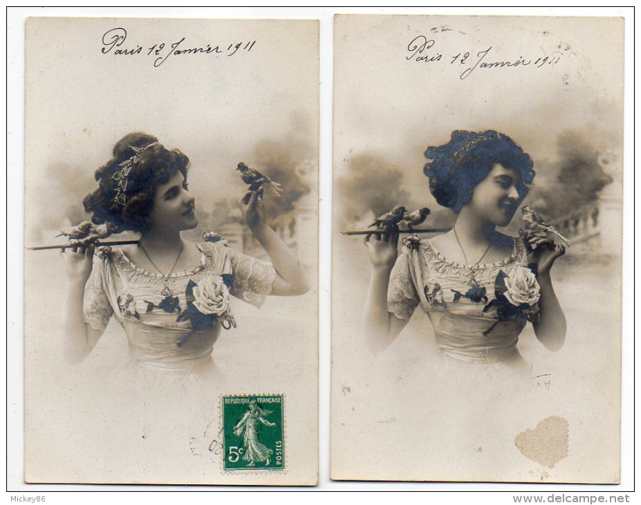 Fantaisie-1911--Femme Avec Jolie Robe Et Oiseaux--Lot De 2 Cartes Anciennes éd ?????-- - Femmes
