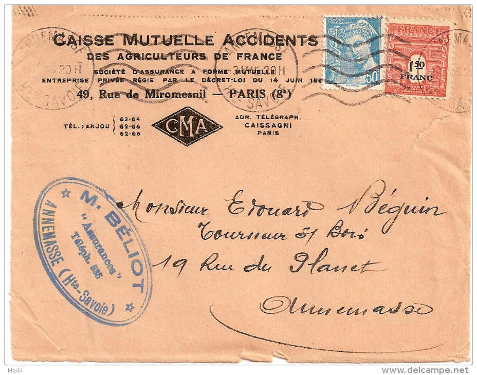 -19---devant De Lettre   1F50 Arc De Triomphe  50c Mercure (Postes) - 1921-1960: Modern Period