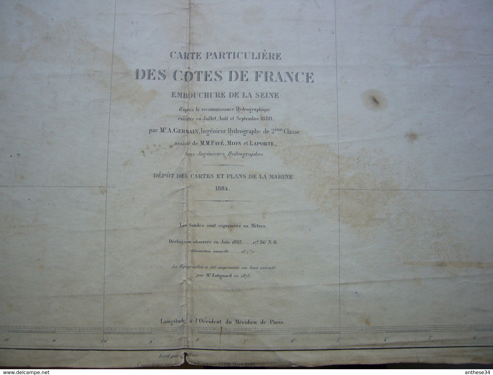 Carte marine 1888 Embouchure de la Seine format : 60 X 90 cm cachet forges chantiers Méditerranée