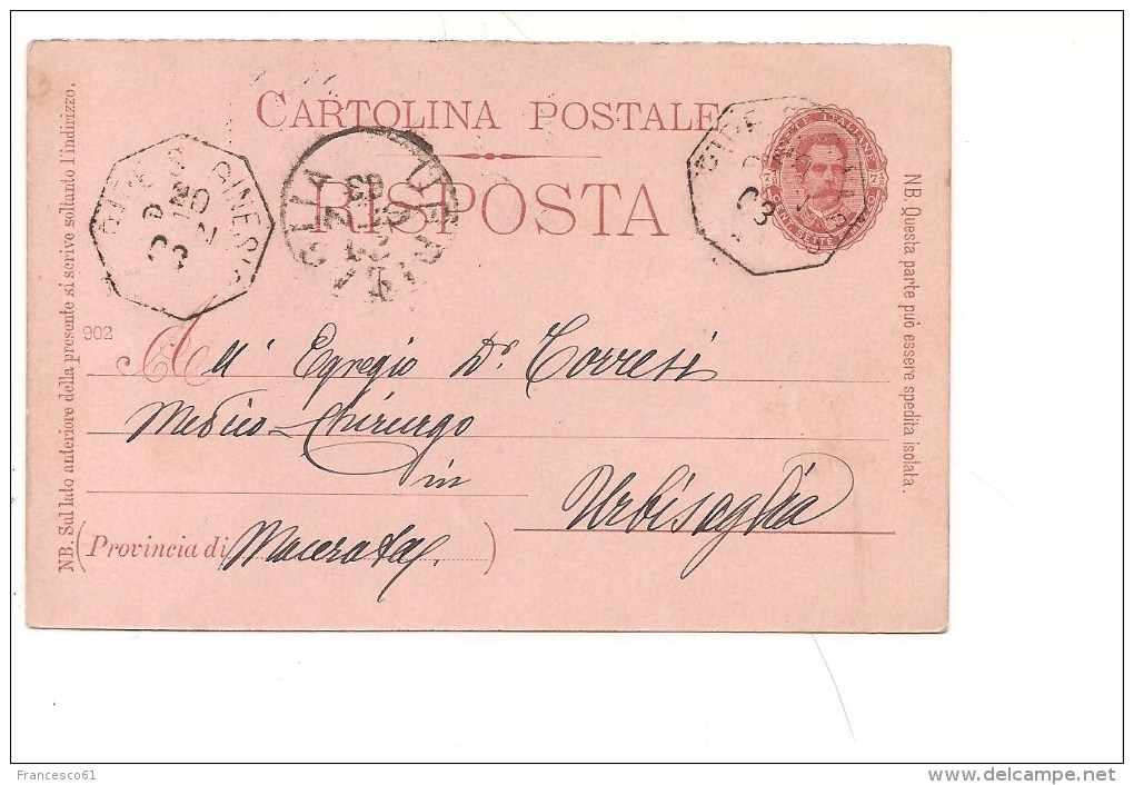1447) Intero Postale Umberto RIPE SAN GINESIO Collettoria Ottagonale 1903 - Postwaardestukken