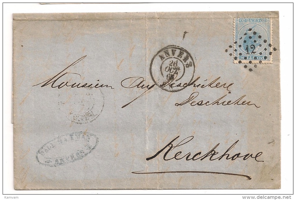 BRIEF LETTRE COB 18A T15 Losange 12 ANVERS -> Kerckhove / Cachet BERCHEM Au Verso - 1865-1866 Perfil Izquierdo