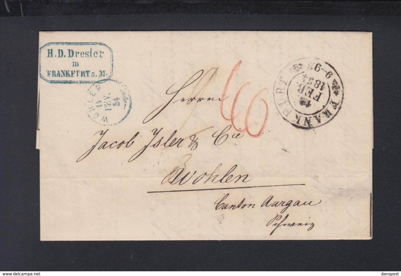 Faltbrief 1854 Frankfurt Devisen Vordruck Dressler Nach Wohlen Schweiz - Storia Postale