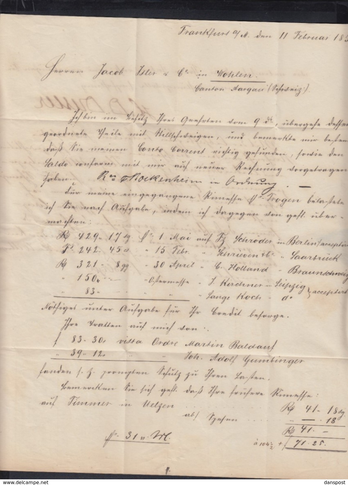 Faltbrief 1854 Frankfurt Devisen Vordruck Dressler Nach Wohlen Schweiz - Briefe U. Dokumente