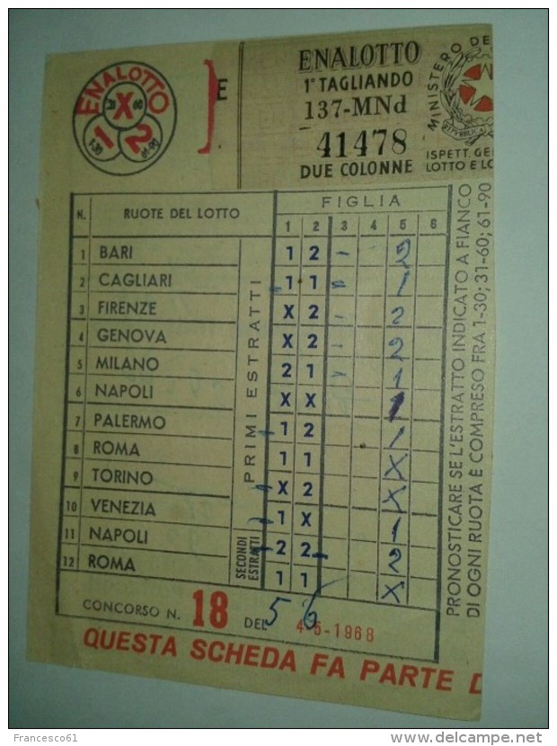 1467) Enalotto Lotto Lotteria Schedina 1968 Prestampata - Fiscali