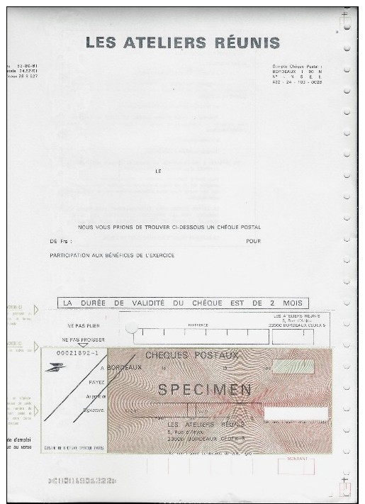 WCE - Lot De 2 Lettres-Chèques SPECIMEN Complètes  ... Voir Les Scans. - Instructional Courses