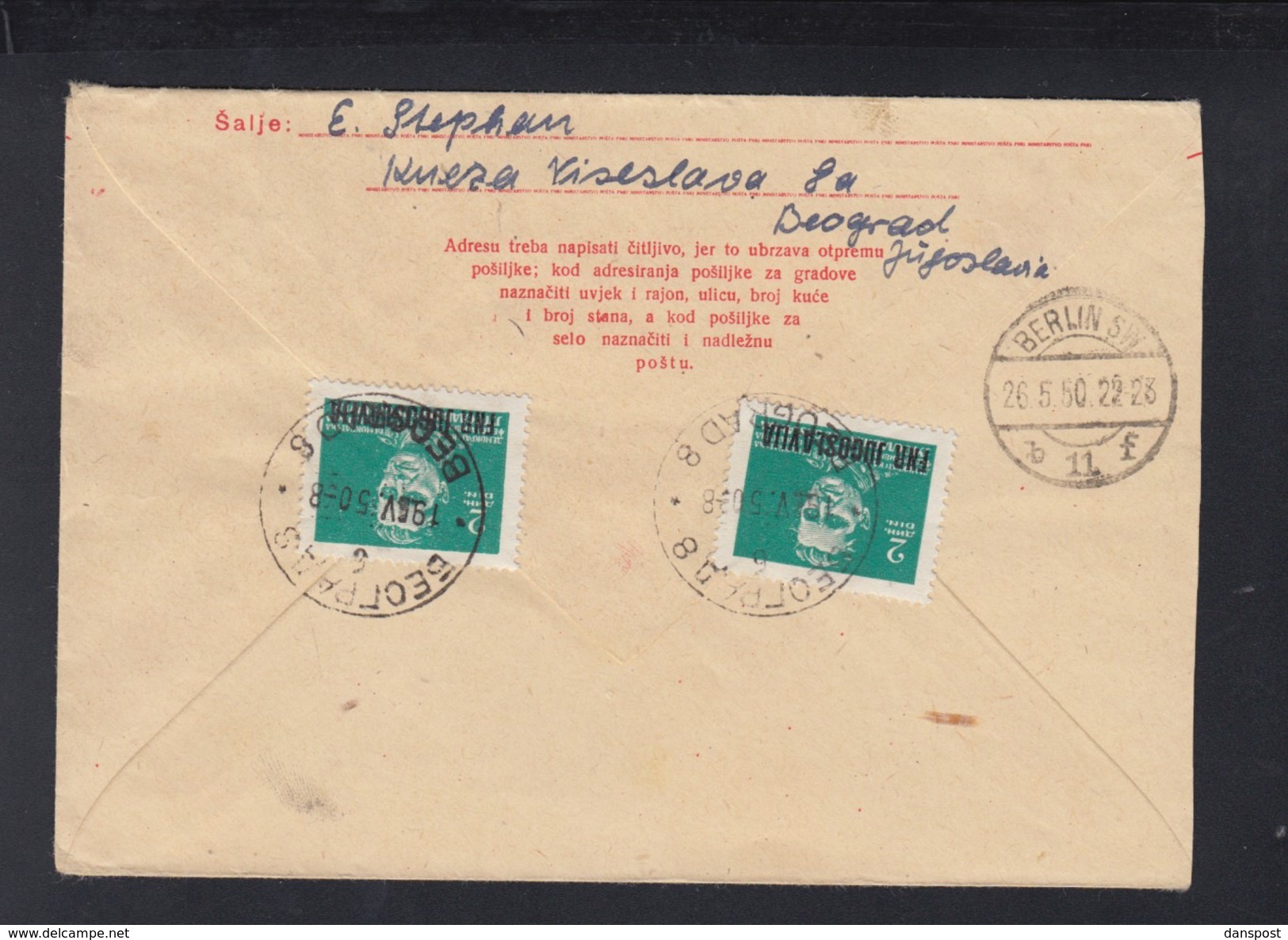 Yugoslavia Stationery Cover Uprated Overprints 1950 (2) - Covers & Documents