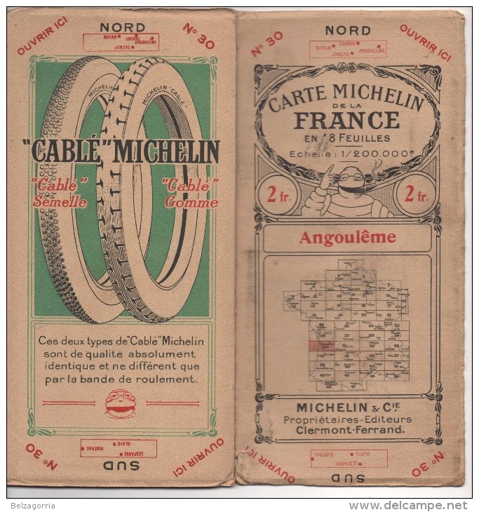 CARTE MICHELIN DE LA FRANCE EN 48 FEUILLES Au 1/200.000e N° 30  ANGOULÊME - PUBLICITE ROUES MICHELIN,VOIR SCANS - Roadmaps