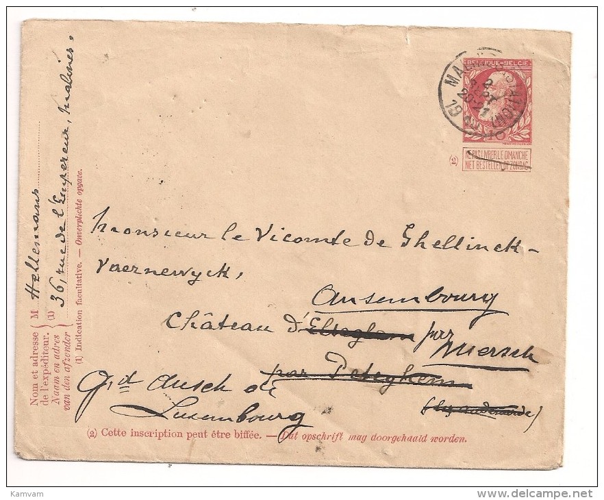 BRIEF LETTRE COB 74 MALINES (Station -> PETEGHEM  -> Renvoi/doorgestuurd Duché LUXEMBOURG Au Tarif De 10c - 1905 Thick Beard